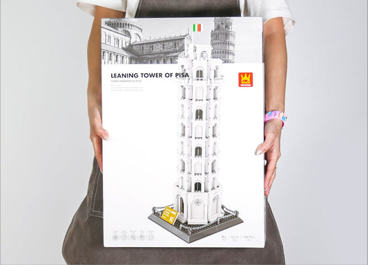 Leaning Tower of Pisa 1334 piece brick model displayed with product box packaging