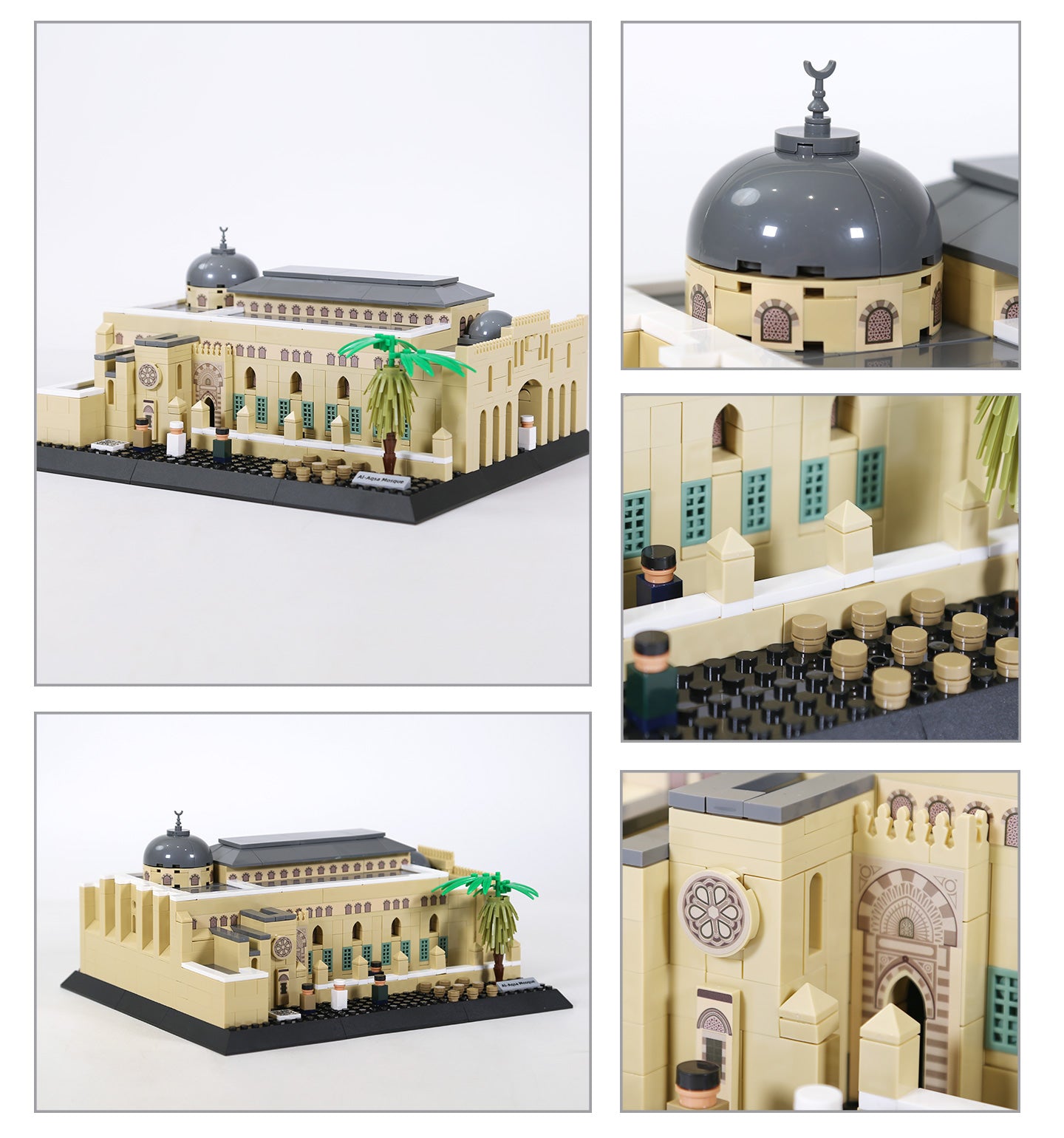 Collage of a detailed architectural model made from building blocks on a white background.