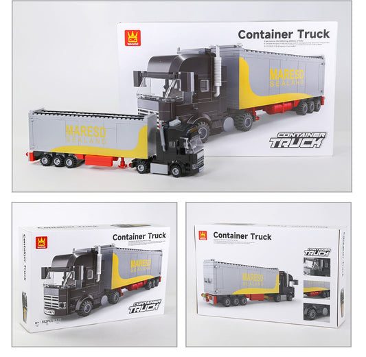 Container truck 352 piece brick model with product box packaging on display surface
