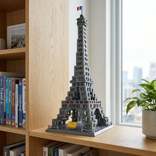 Eiffel Tower brick model close-up showing iron lattice framework and observation platform detail, display on shelf settings