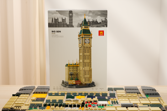 LEGO model of Big Ben with building instructions in the background