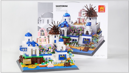 Toy building set resembling Santorini with a box labeled 'Santorini'.