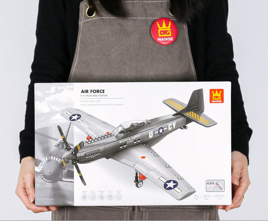 P-51 Mustang Fighter brick building set product box packaging with completed model on front