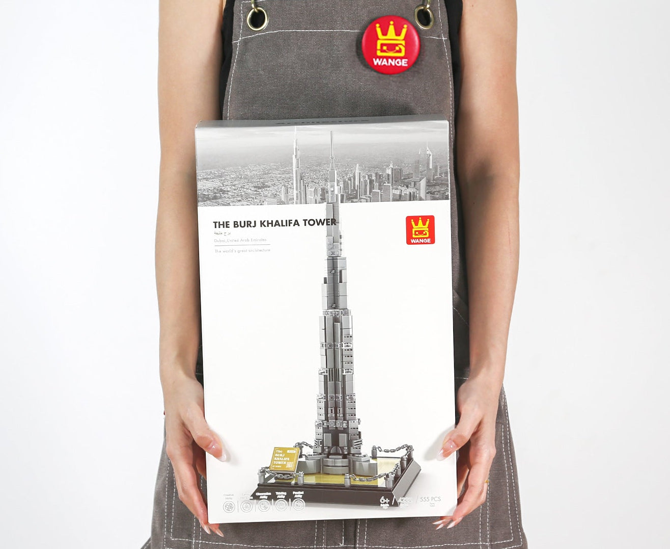 Burj Khalifa brick model side angle showing stepped tiered silhouette and tapered spire detail