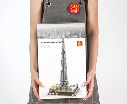 Burj Khalifa brick model side angle showing stepped tiered silhouette and tapered spire detail