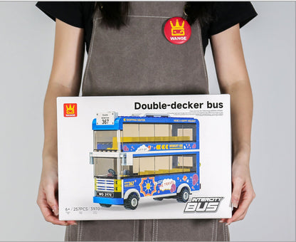 Double decker bus brick building set front view showing two passenger levels and colourful design