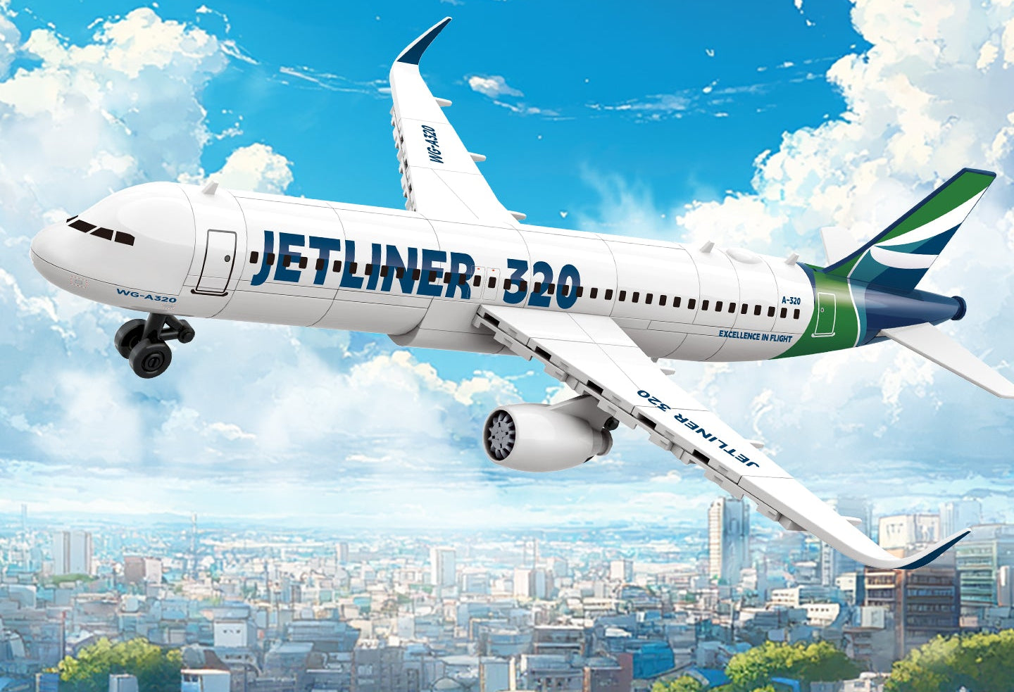 Model airplane with 'JETLINER 320' branding against a blue sky with clouds and cityscape below.