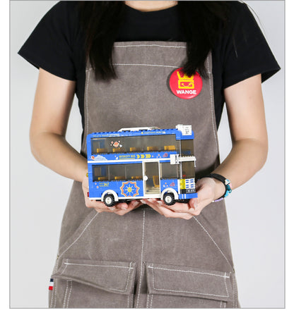 Completed double decker bus model rear angle displaying detailed wheels and side panels