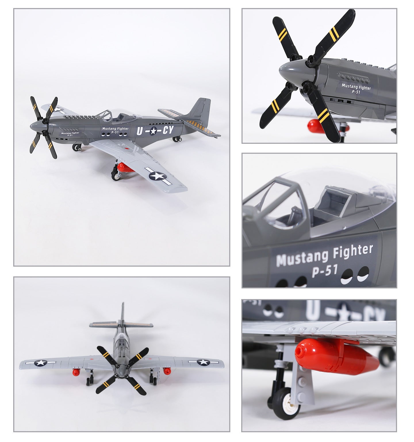 Close-up of P-51 Mustang brick model propeller nose and cockpit section with wing detail
