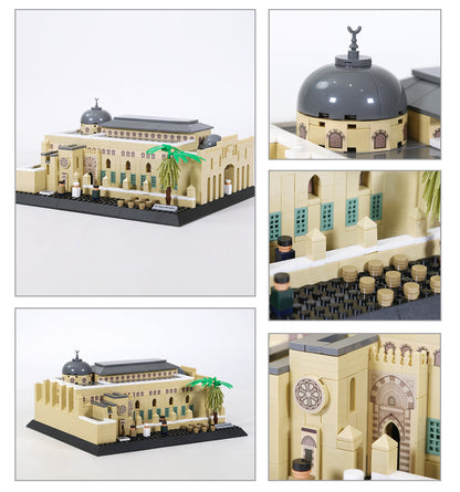 Collage of a detailed architectural model made from building blocks on a white background.