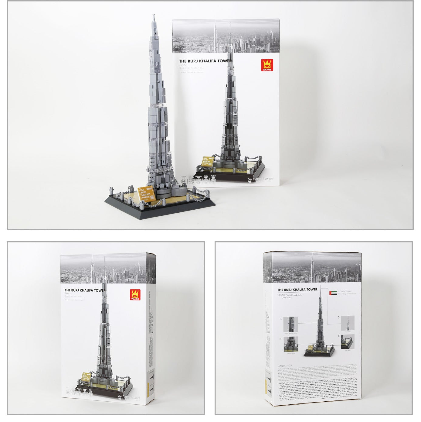 Burj Khalifa 555-piece brick building set product packaging with assembled model image by Wondalands