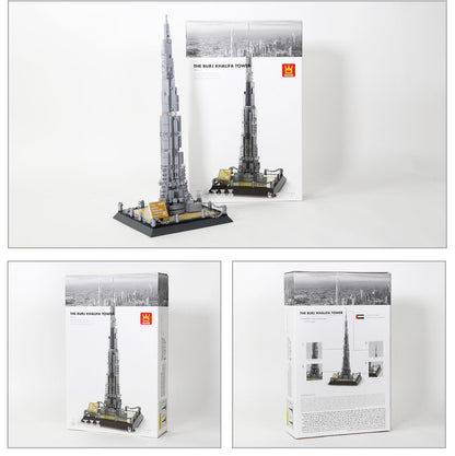 Burj Khalifa 555-piece brick building set product packaging with assembled model image by Wondalands