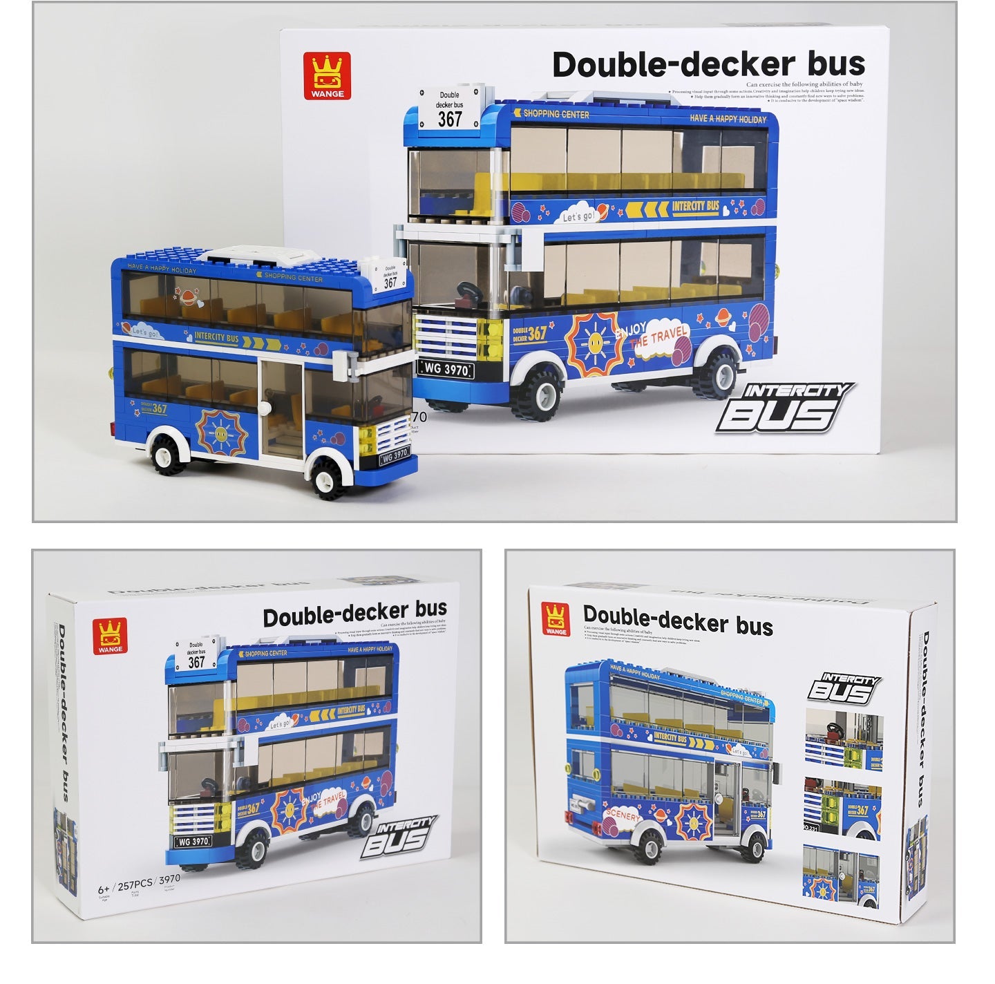 Double decker bus building set with box packaging showing 257 pieces by Wondalands