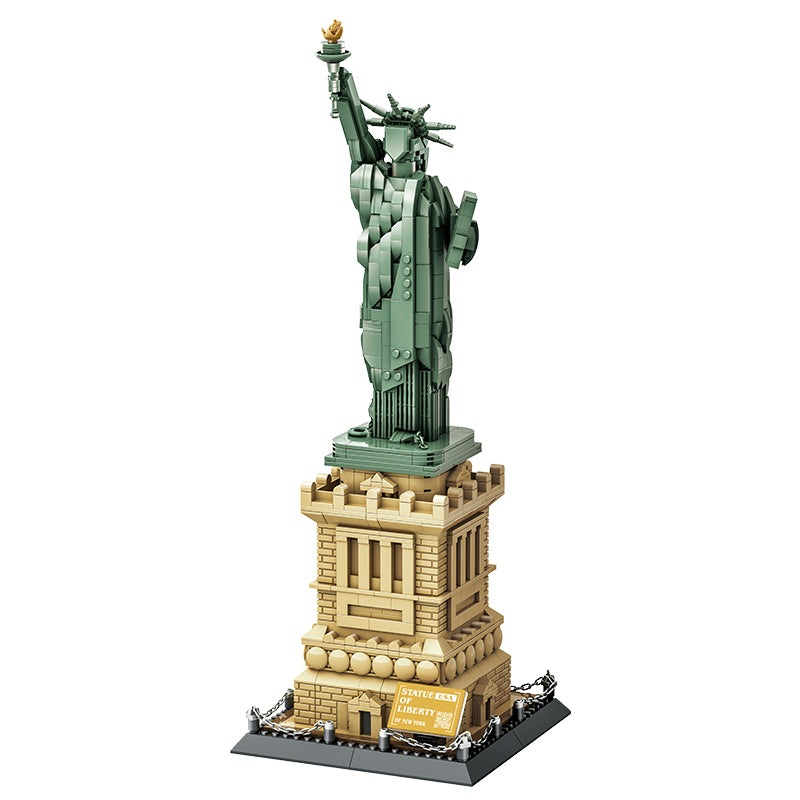 Model of the Statue of Liberty made from building blocks on a white background