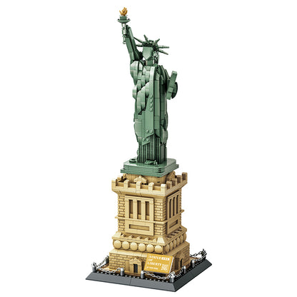 Model of the Statue of Liberty made from building blocks on a white background