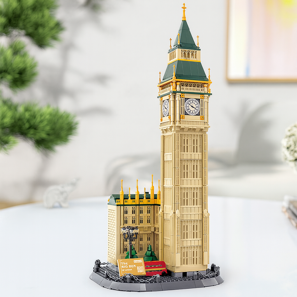 Close-up of Big Ben brick set upper tower with clock face gothic arched windows and gold spire