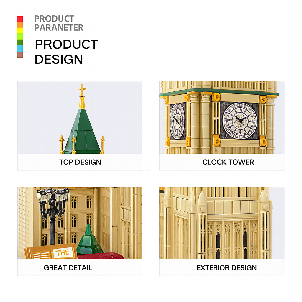 Product design features of a clock tower model with top design, clock tower, great detail, and exterior design highlighted.