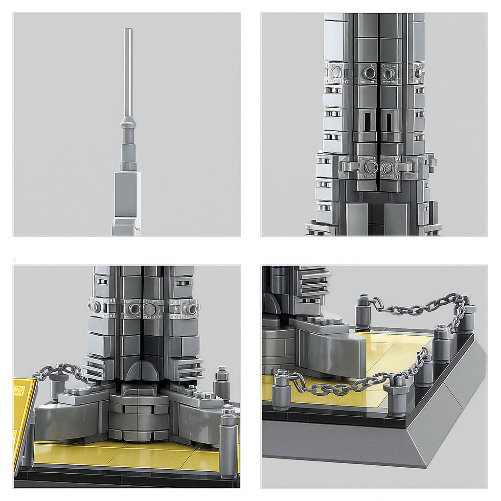Burj Khalifa brick building set top spire close-up showing detailed tapered design and clean finish