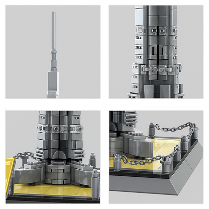 Burj Khalifa brick building set top spire close-up showing detailed tapered design and clean finish