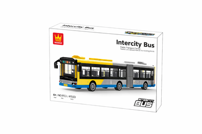 Boxed intercity bus model toy with a white background