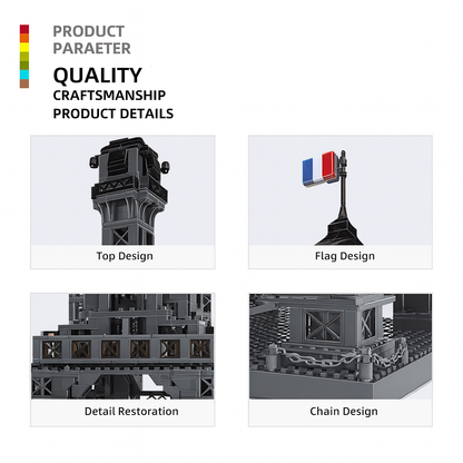 Product details of eiffel tower with top design, flag design, detail restoration, and chain design on a white background.