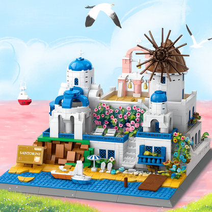 Model of Santorini with buildings, windmill, and flowers on a colorful background