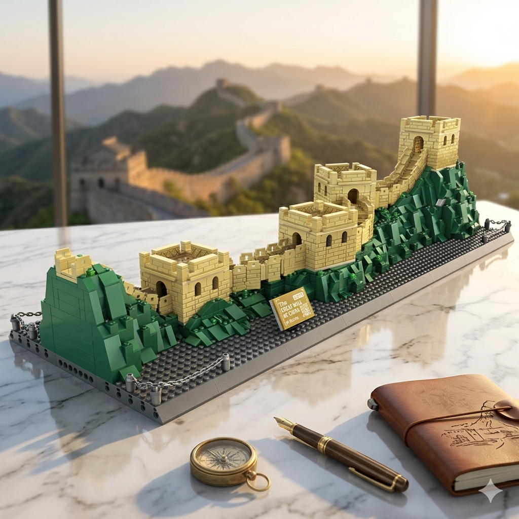 Great Wall of China brick building set front view showing winding wall with watchtowers on green mountain base — 1407 pieces