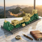 Great Wall of China brick building set front view showing winding wall with watchtowers on green mountain base — 1407 pieces