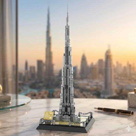 Burj Khalifa brick model side angle showing stepped tiered silhouette and tapered spire detail