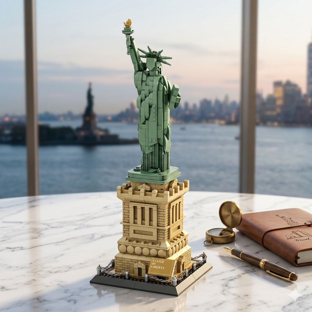 LEGO model of the Statue of Liberty on a marble surface with a cityscape in the background