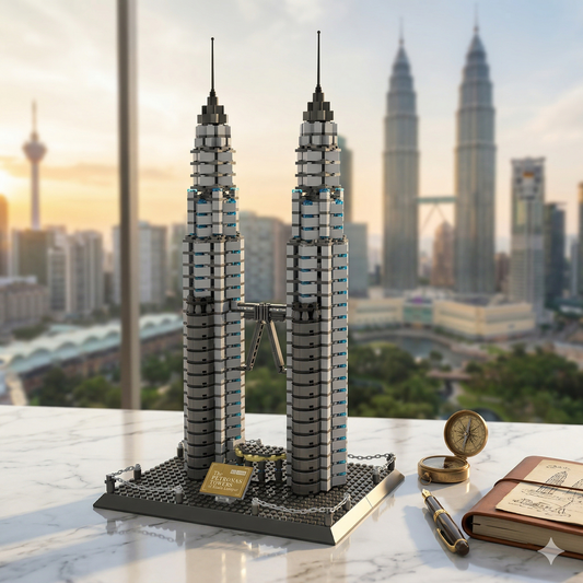 Petronas Twin Towers brick building set front view showing twin towers connected by skybridge