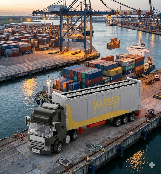 Container truck brick building set front angle showing blue cab and shipping container trailer