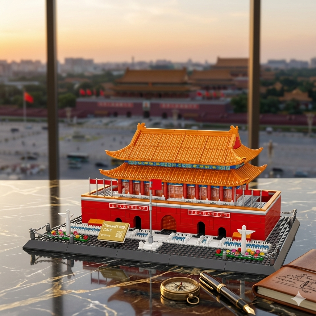 Tian'anmen Tower Beijing brick building set front view showing red gate wall with arched passageways and golden double-eaved roof — 820 pieces