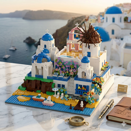 Model of a Greek island scene made from building blocks with a scenic background.