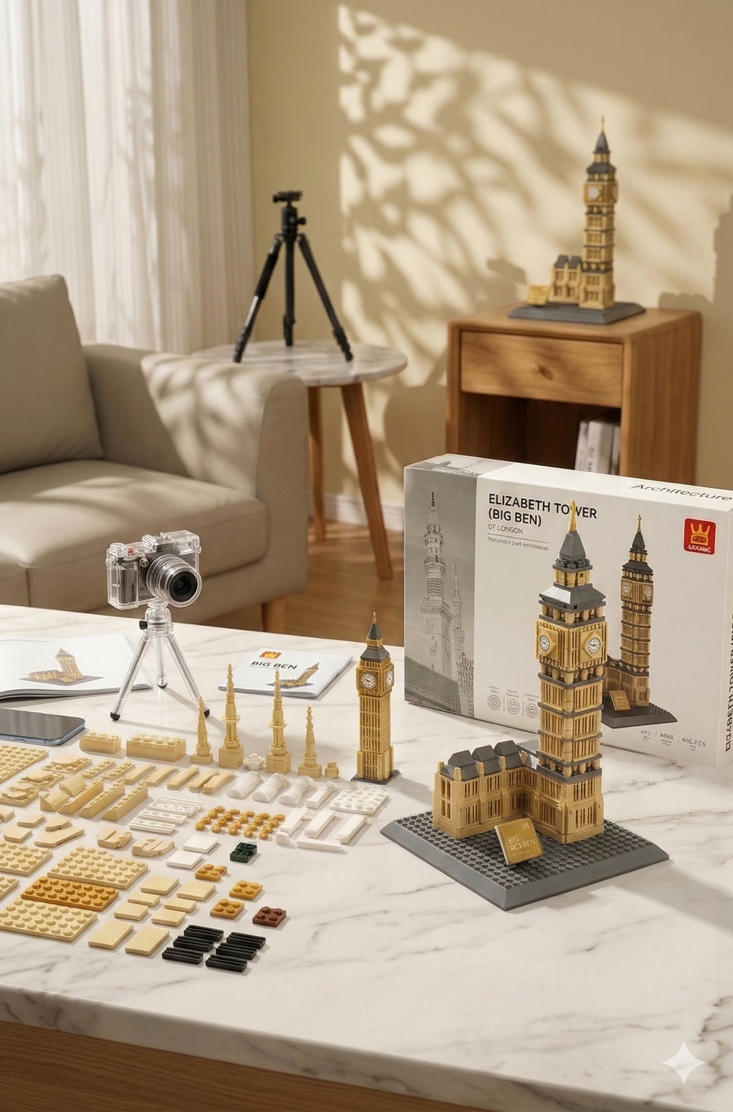 LEGO Elizabeth Tower set on a marble surface with packaging and building pieces.