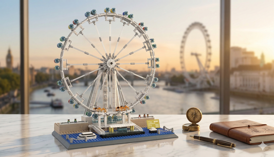 London Eye brick building set front view showing observation wheel with passenger capsules and A-frame support
