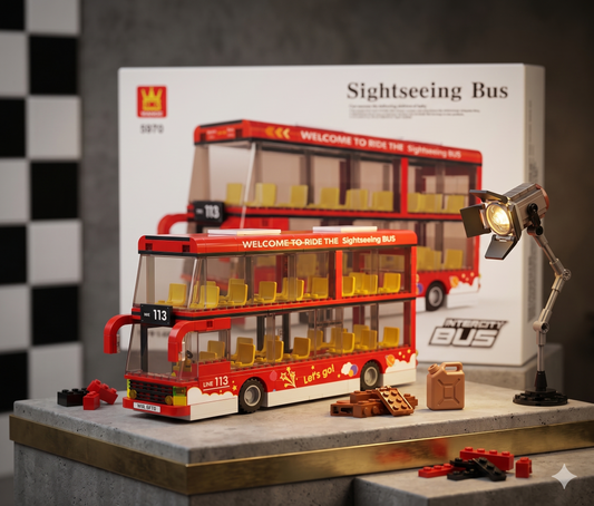 Model of a double-decker sightseeing bus with a light stand and box in the background.