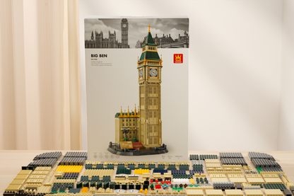LEGO model of Big Ben with building instructions in the background