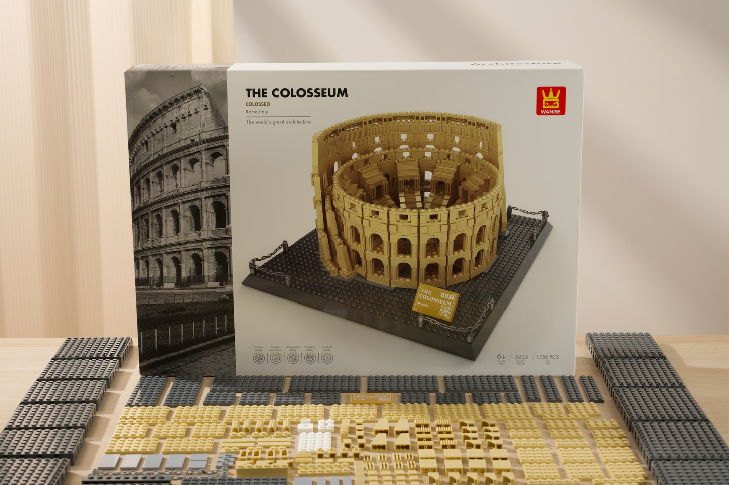 Building block set of The Colosseum with packaging on a neutral background