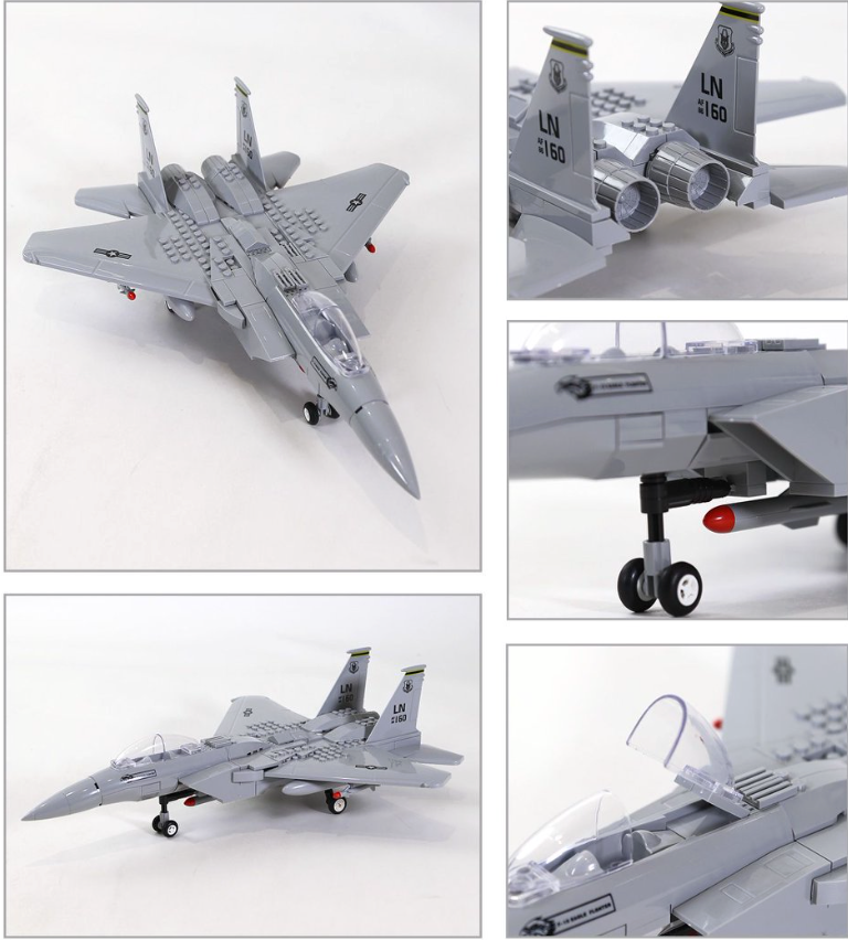 Collage of a detailed model fighter jet on a white background