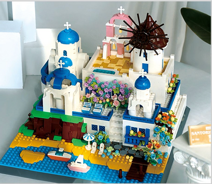 LEGO model of a Greek island scene with buildings and decorative elements.