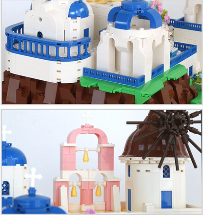 Toy architectural model with blue and white structures on a brown base.