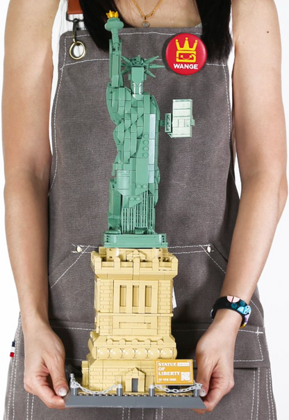 Close-up of Statue of Liberty brick set upper body with seven-pointed crown and raised torch arm