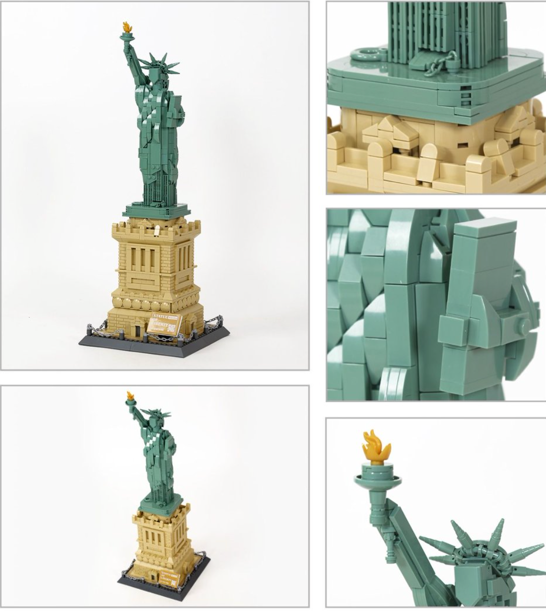 Model of the Statue of Liberty made from interlocking bricks on a white background