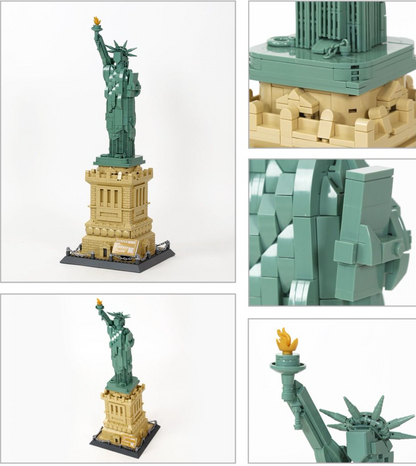 Model of the Statue of Liberty made from interlocking bricks on a white background