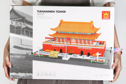 Tian'anmen Tower brick building set product box showing box art model preview and 820-piece count