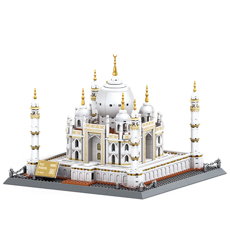 Model of the Taj Mahal made from building blocks on a white background