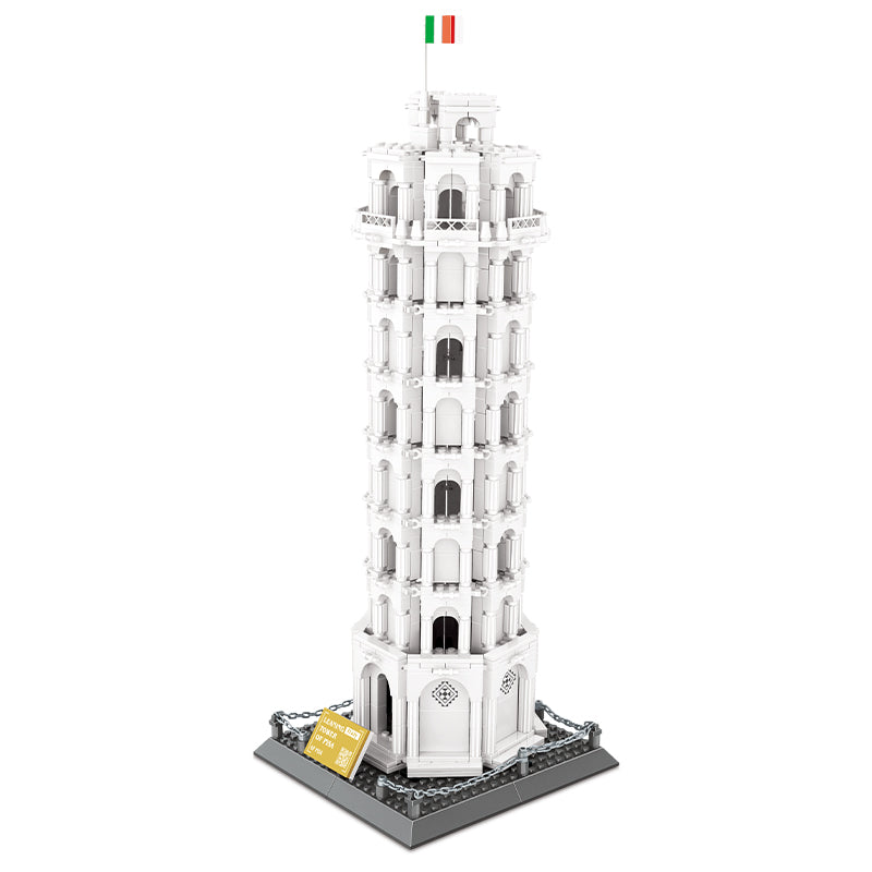 Leaning Tower of Pisa brick building set front view showing tiered galleries and signature lean