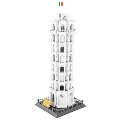 Leaning Tower of Pisa brick building set front view showing tiered galleries and signature lean